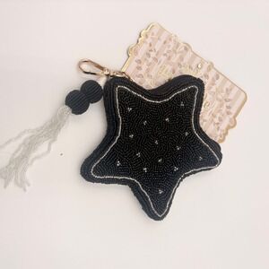 Madison Home India Handmade Beaded Star Coin Purse Black Silver Tassel